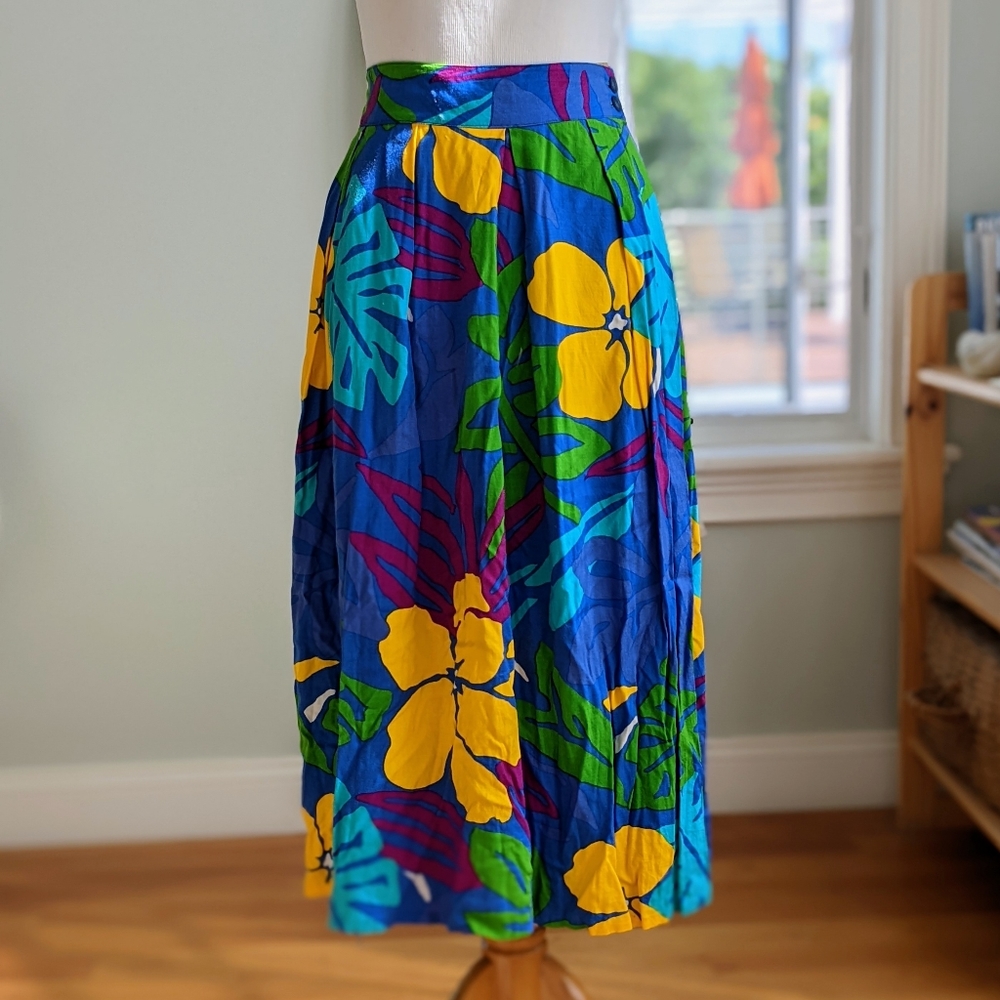 Vintage 1980s Tropical Floral Rayon Prairie Skirt 29" Boho Cottagecore VTG Midi